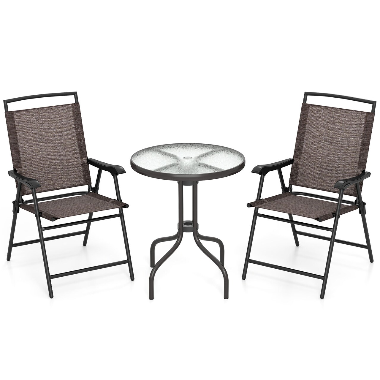 3 Piece Outdoor Bistro Set Round Tempered Glass Table with Umbrella Hole